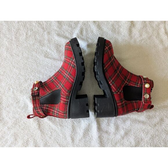 Sugar Favorite 4 plaid combat/ankle rhinestone/pearl strap boot Sz 8M - Picture 5 of 10